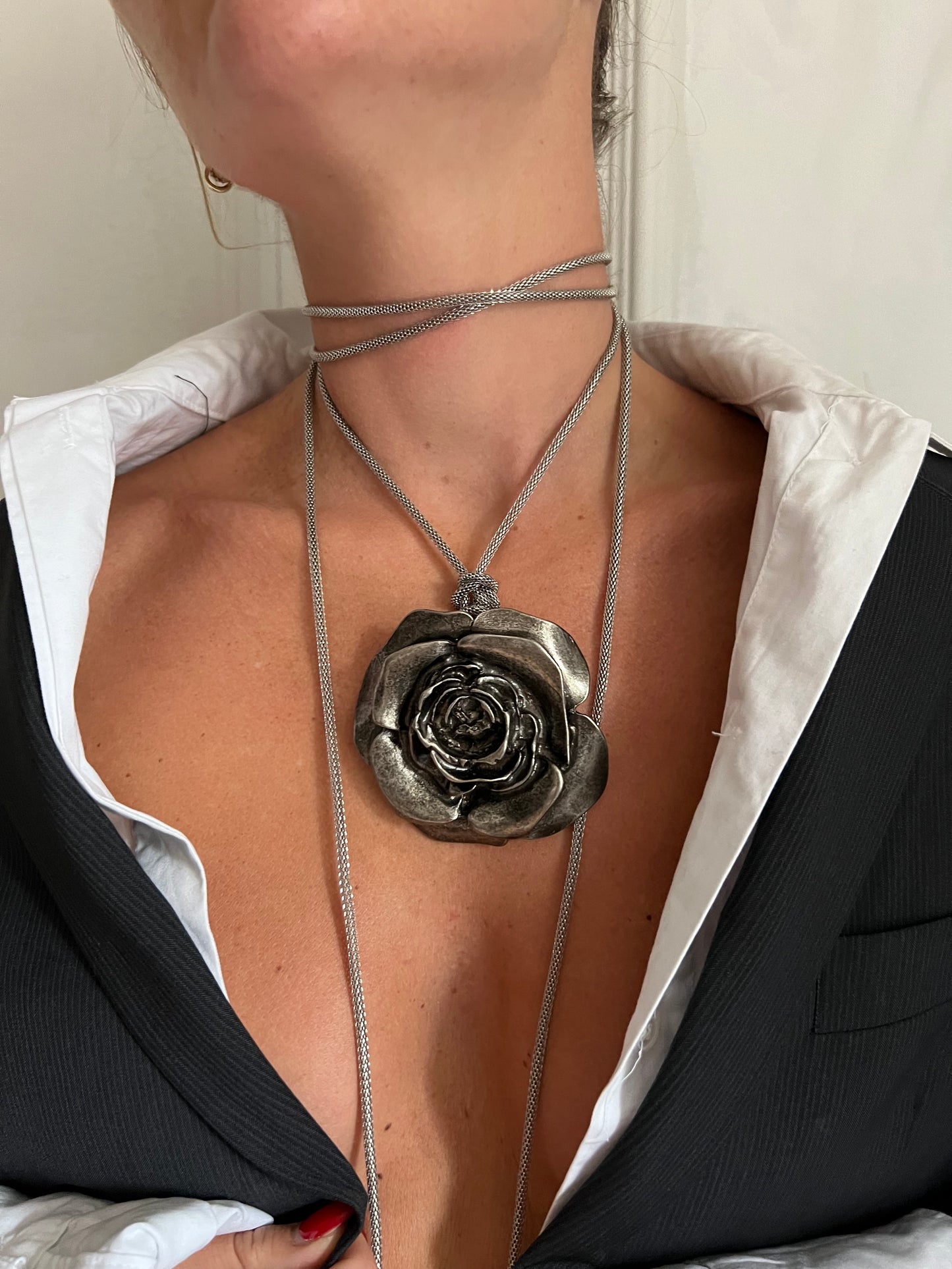 Vintage Handmade Silver Rose Necklace