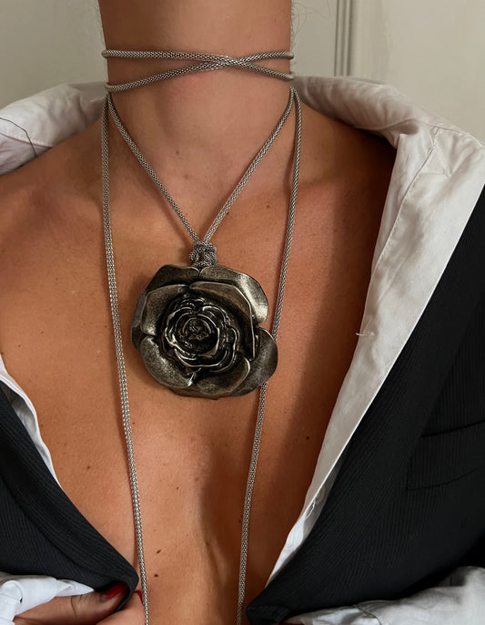 Vintage Handmade Silver Rose Necklace